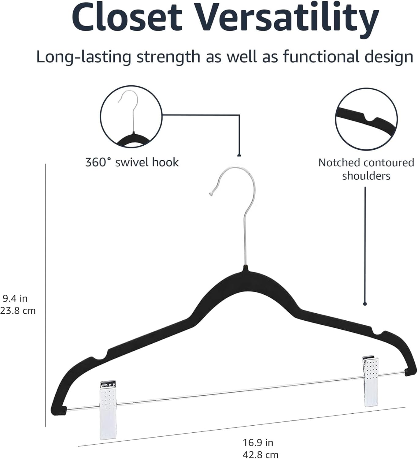 Amazon Basics Velvet Non-Slip Skirt Clothes Hangers with Clips. 360 Degree Rotatable Hook. Organize Pants and Skirts. Black/Silver. 24-Pack - Image 5