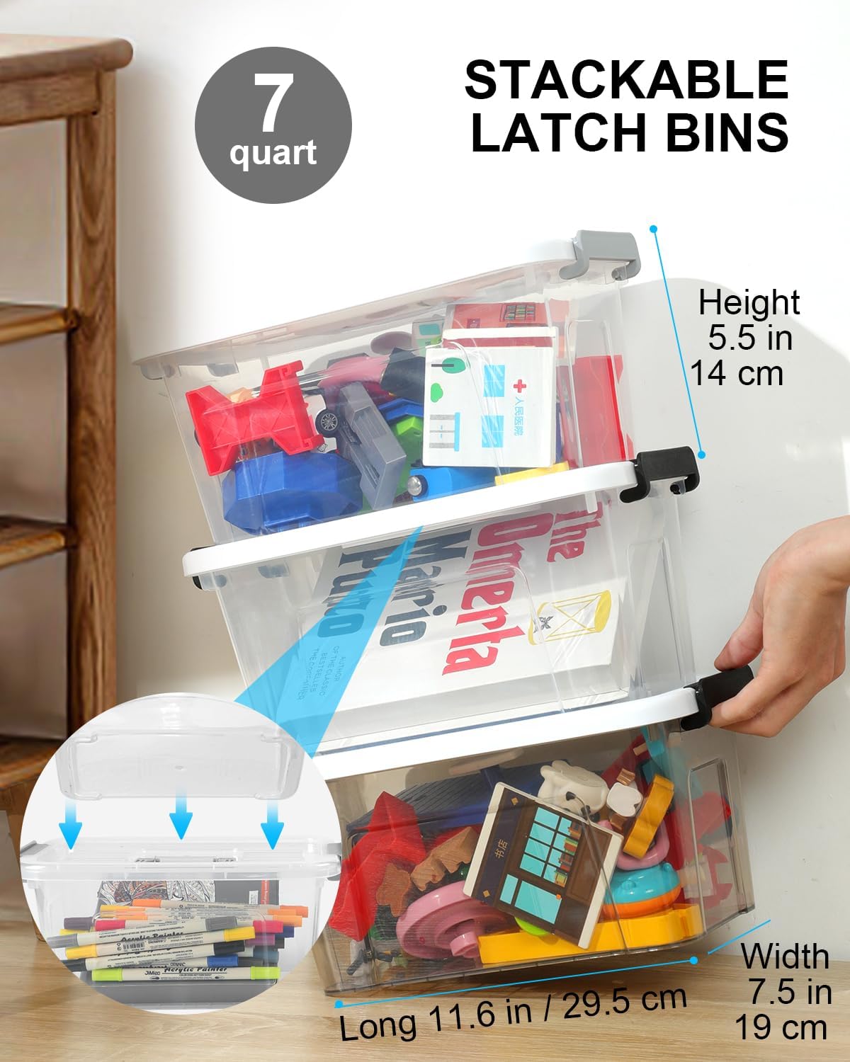 NUMIFUN 7Qt Plastic Storage Bins with Lids.6 Pack | Stackable organizing totes with buckle latches & handles.Dust-proof clear design for home office - Image 6