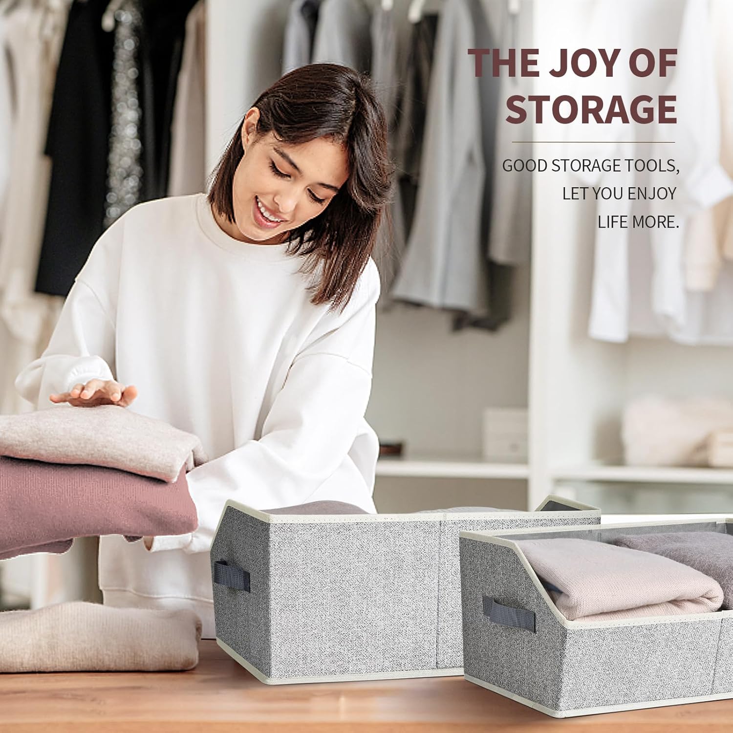 Homsorout Closet Organizers Bins 6 Packs - Large Closet Shelf Organizer with Handles. Fabric Trapezoid Storage Bins. Collapsible Storage Cubes for Clothes. Towels. Light Gray - Image 4