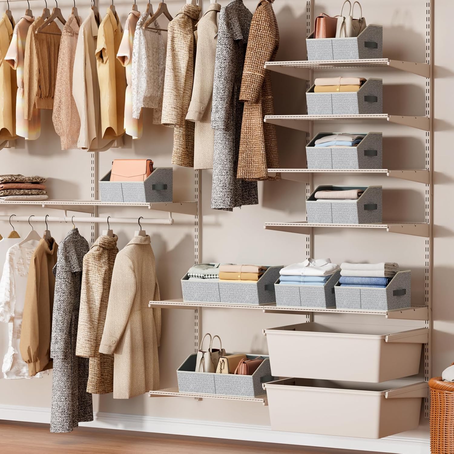 Homsorout Closet Organizers Bins 6 Packs - Large Closet Shelf Organizer with Handles. Fabric Trapezoid Storage Bins. Collapsible Storage Cubes for Clothes. Towels. Light Gray - Image 2